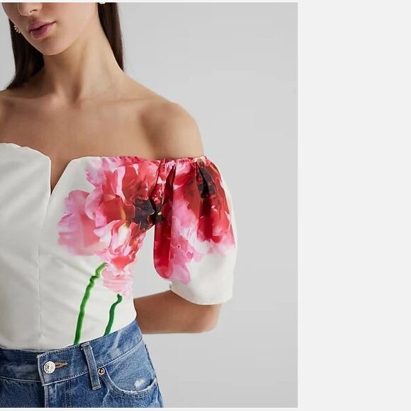NEW NWT EXPRESS Floral Cropped Off Shoulder Blouse Shirt Top Size Large - Picture 1 of 11